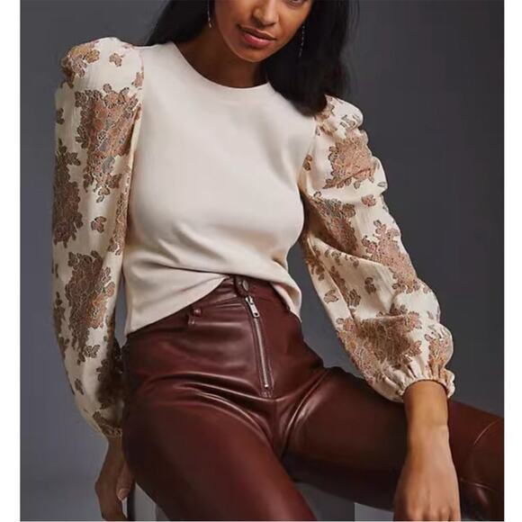 Anthropologie Tops - Anthropologie Dolan Lace Puff-Sleeve Top Sz S tan